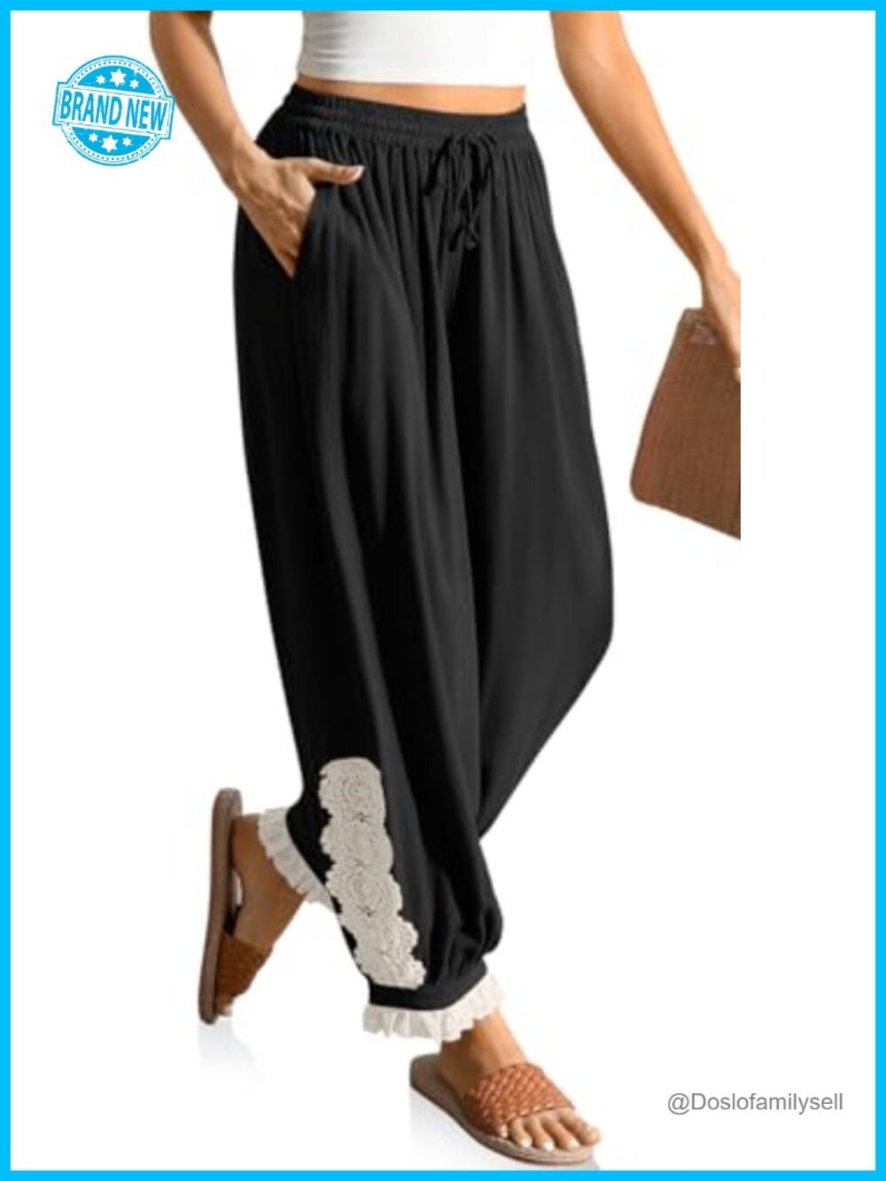 Linen Harem Pants Boho Lace Trim Pockets High Rise Wide Leg Cropped